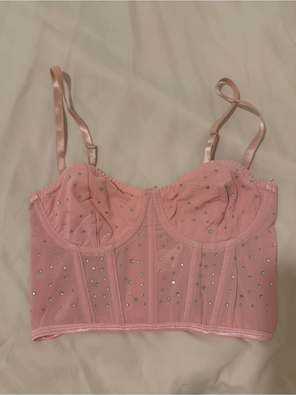 Pink Rhinestone Sheer Cropped Corset Top